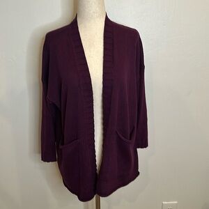 EILEEN FISHER OPEN CARDIGAN WITH PATCH POCKETS MERLOT COLOR LINEN/COTTON BLEND